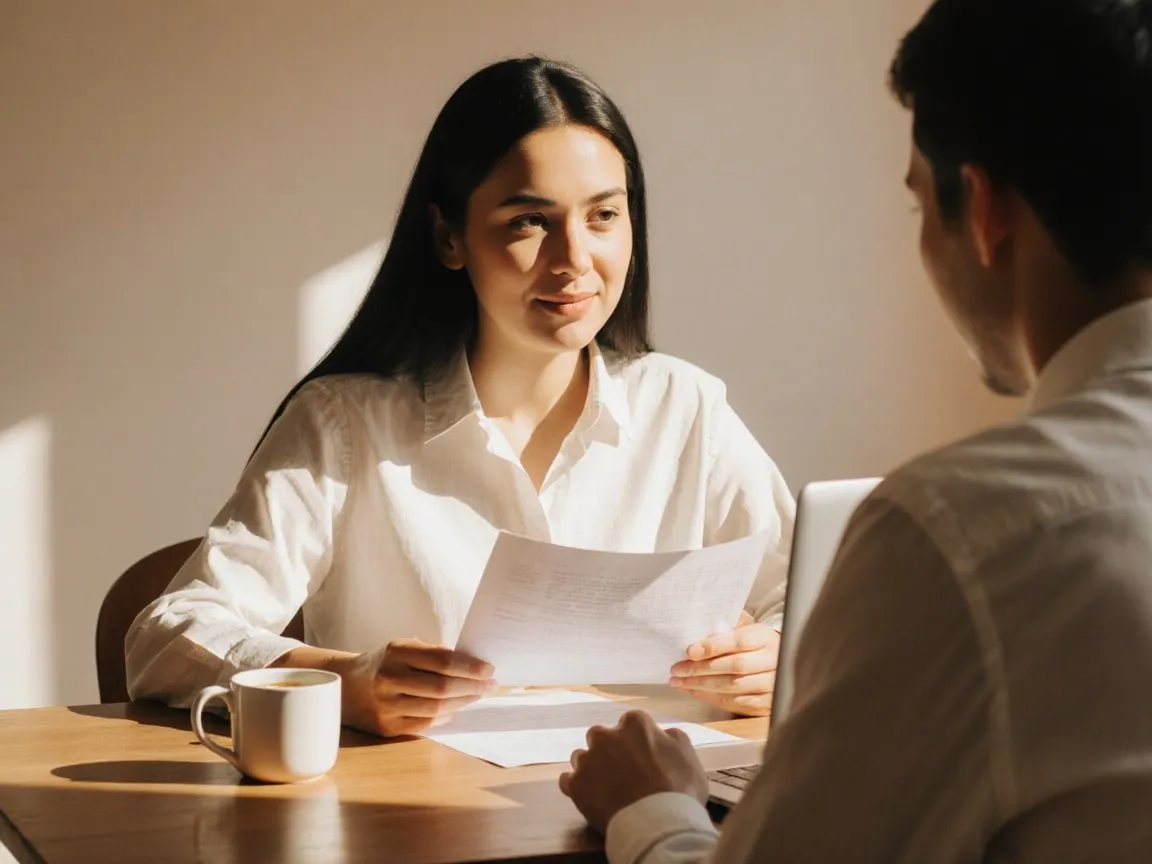 Une personne échange avec un conseiller au sujet de ses droits au chômage, documents en main, dans une ambiance calme et lumineuse